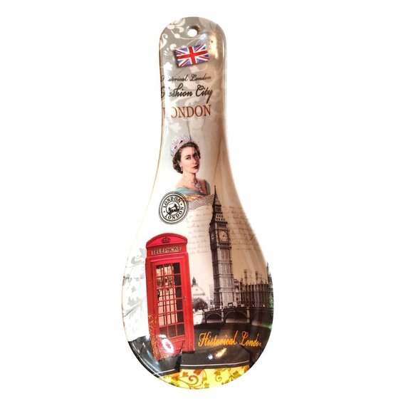 London Melamine Spoon Rest 9" Queens Portrait Big Ben & Red Telephone Vintage - Picture 1 of 12
